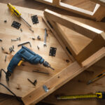 Top,View,Of,Drill,Tool,And,Another,Equipment,On,Wood